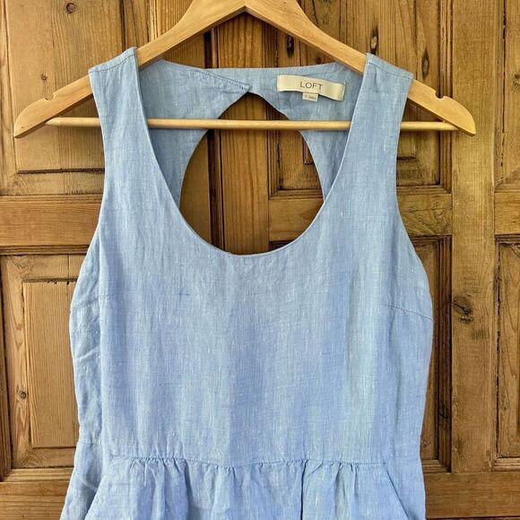 Ann Taylor LOFT Size 2 Blue Linen‎ Tank Dress Open Back Classic Pockets Belted - Picture 2 of 11